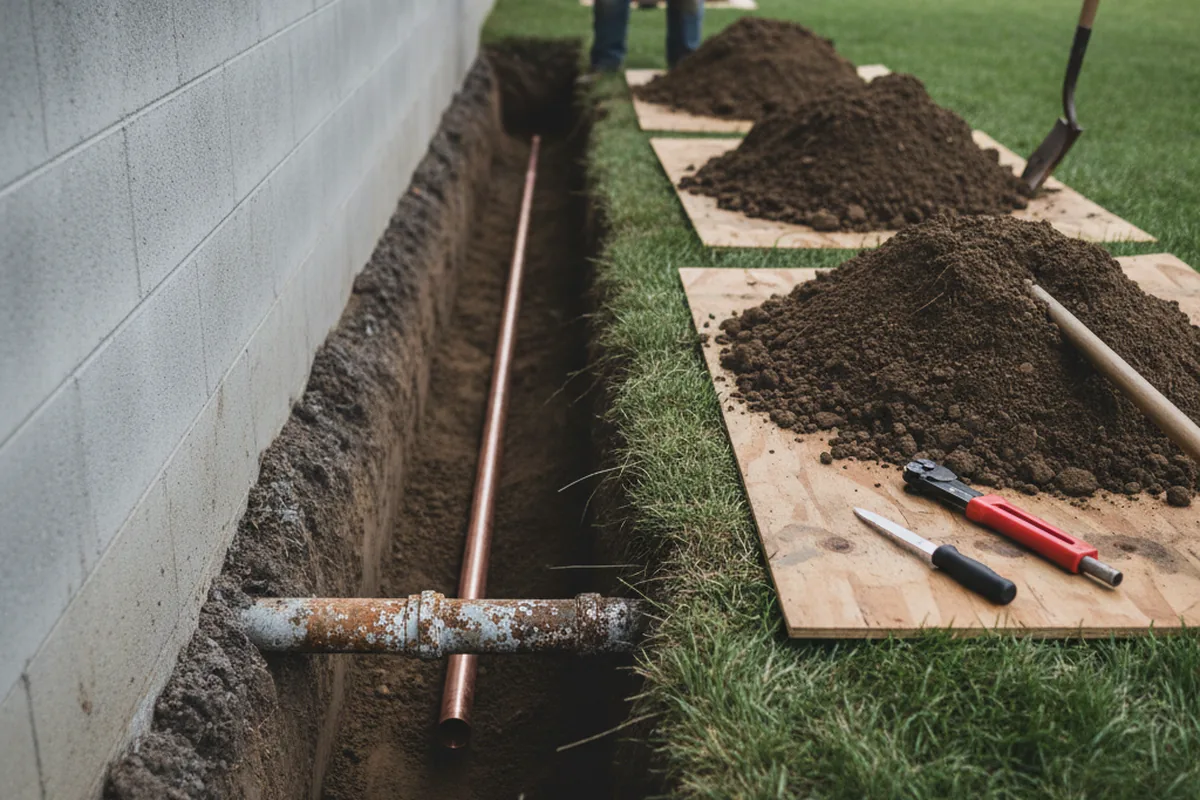 Excavated water line trench during Water Softener Installation in East Andover